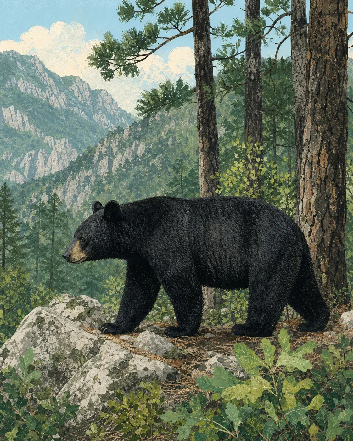 Oso negro adulto de perfil entre pinos