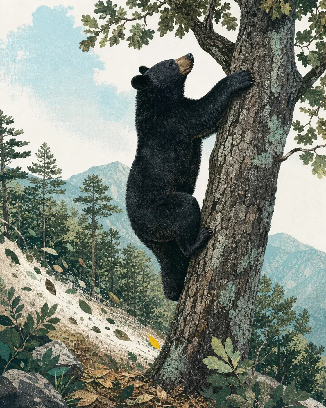 Oso negro trepando el tronco de un encino