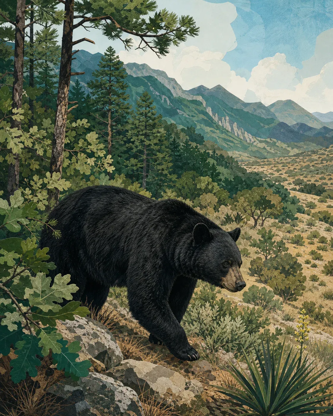 Oso negro recorriendo la transición entre el bosque y el matorral seco