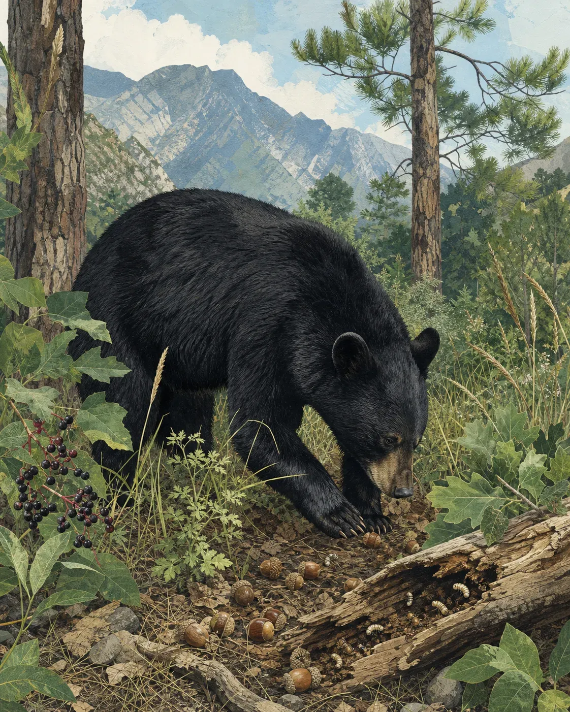 Oso negro buscando bellotas entre la hojarasca